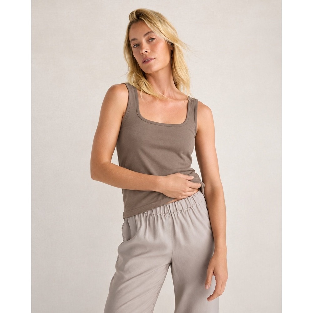 Neuflora Brown Taupe Square Neck Tank Top Size M Cotton Stretch Minimalist Basic